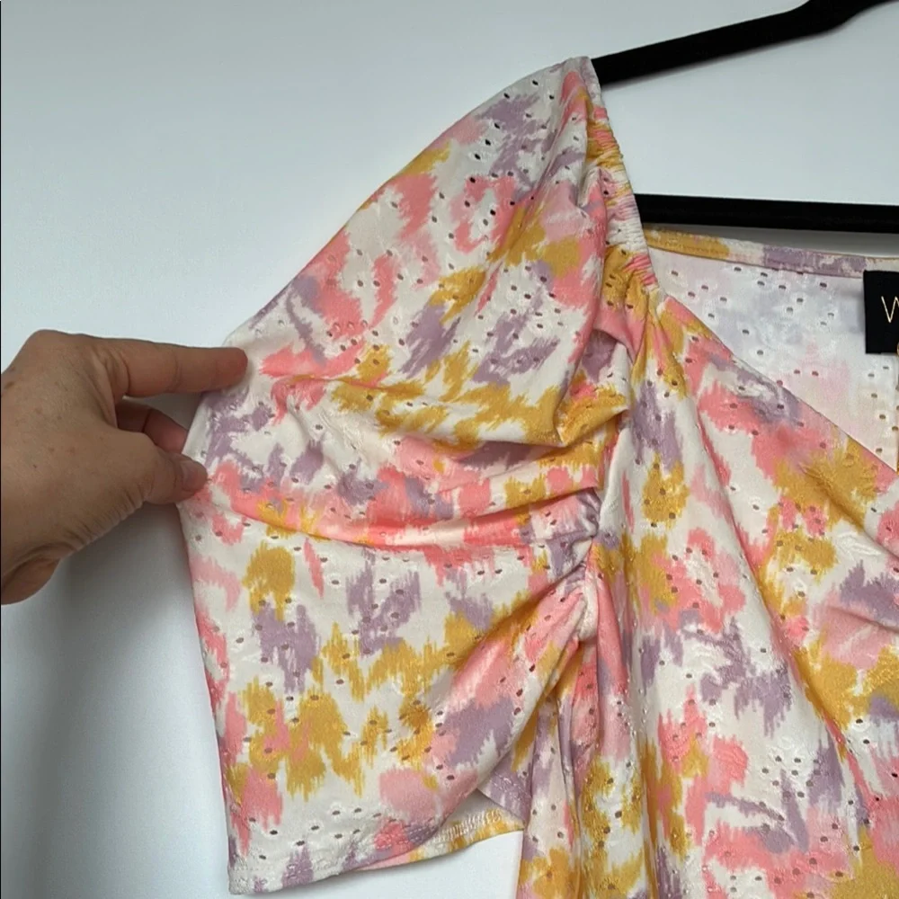 W5 by Anthropologie Women's Pink and Yellow Puff Sleeve Blouse Top